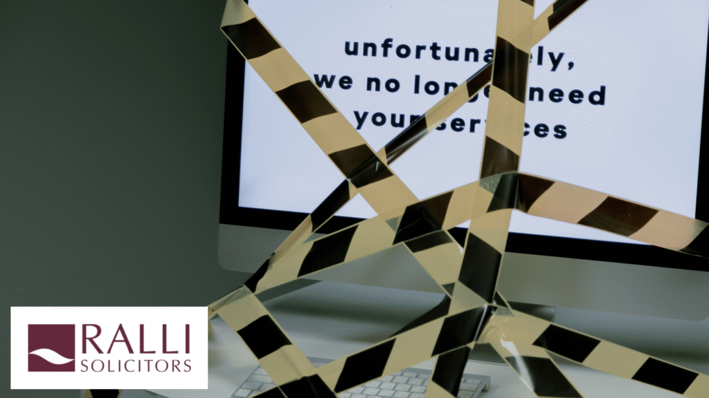 Ralli Solicitors LLP redundancy consultation blog image showing a redundancy message on a computer screen behind caution tape.